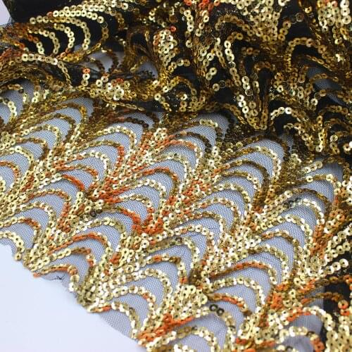 Gold Lace Fabric For Dress Sequined Embroidered Lace Fabrics Wave Striped Sequins Shiny Black 135cm