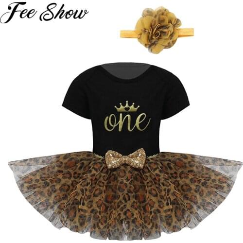 3PCS Baby Girls Tutu Dress Clothes Set Outfits Bodysuit Leopard Elastic Head Flower Short Sleeve Romper Skirt for Birthday Party