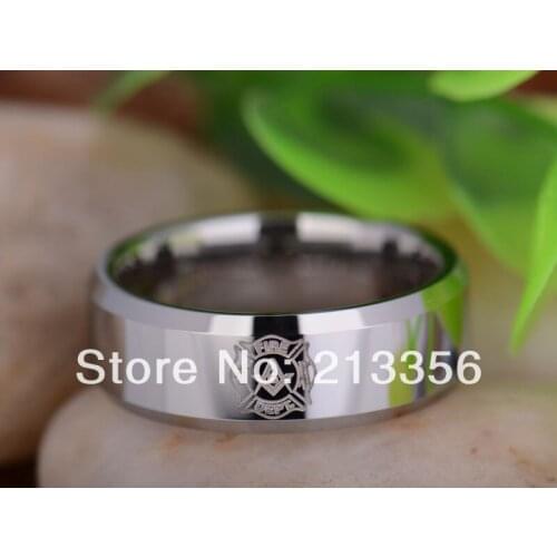 Free Shipping UK Russia Brazil USA Hot Selling 8MM Silver Beveled Fireman Masonic New Mens Lord Tungsten Carbide Wedding Ring