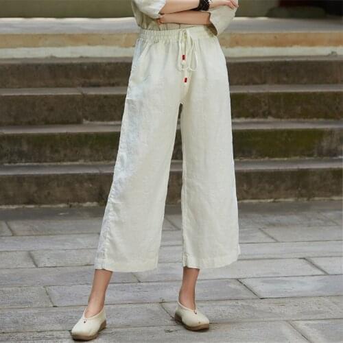 Women Summer Linen Elastic Waist Wide Leg Pants Ladies Flax Loose Wide Leg Trousers Female 2020 Solid Color Pants