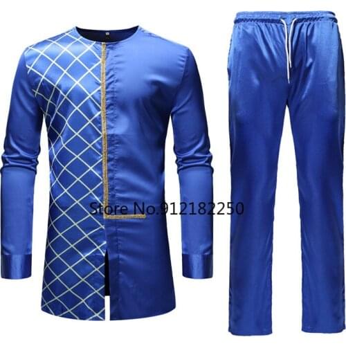 Black African Dashiki Print Top Pant Set 2 Pieces Outfit Set 2021 Traditional Men African Clothes Casual African Suit for Men