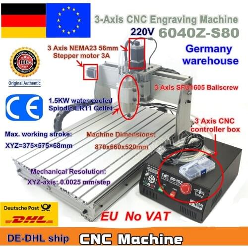 【DE free VAT】 3 Axis Mach3 6040 Z-S80 1500W 1.5KW Spindle Motor CNC Router Engraver Engraving Cutting Milling Machine 220VAC