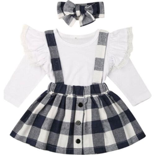 Toddler Kids Baby Girls Clothes Lace Tops+Plaid Bib Dress+Headband Outfits Set