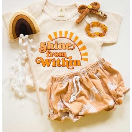 Toddler Baby Girls 2pcs Cotton Suit Set Summer Letter PrintShort Sleeve Romper+ Rainbow Print Shorts Infant Kids 0-18 Months