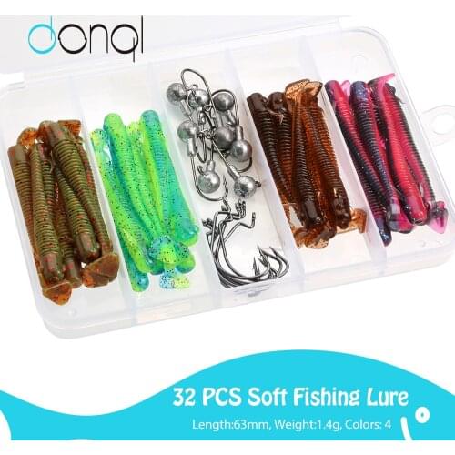DONQL 32PCS Soft Fishing Lures Silicone Bait Easy Shiner Worm Lures Wobblers Crankbaits Artificial Bait + 16PCS Fishing Hook