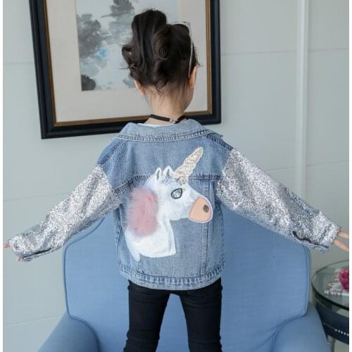 Fashion Kids Girls Clothes Sequins Long Sleeve Turn Down Collar Unicorn Denim Jacket Outwear Spring Autumn Coat