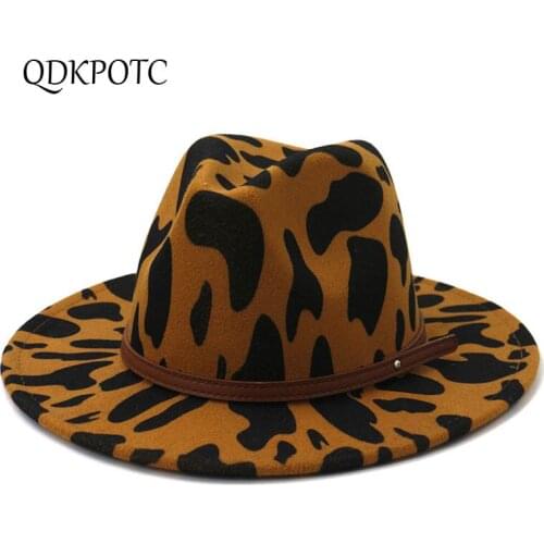2020 Hat Autumn Winter New Men Women Cow Pattern Fedoras England Fashion Woolen Cloth Jazz Cap Flat Eaves Cowboy Hats QDKPOTC