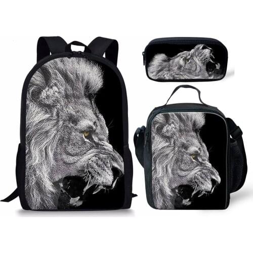 Three-piece Custom Combination Lion Tiger And Panther Print Pattern Backpack Set Women Man Light Pen Lunch Box Case