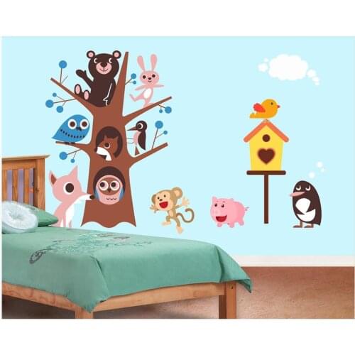 Custom mural 3d wall mural Childrens room with small animals and birds on the tree home decor photo wallpaper for walls 3 d