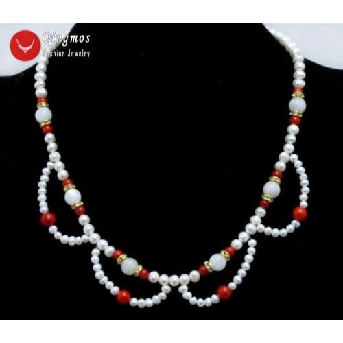 Qingmos 4-6mm Round Natural White Pearl Flower Lace Necklace for Women with 8mm Genuine Moonstone Necklace Red Coral Chokers 17"