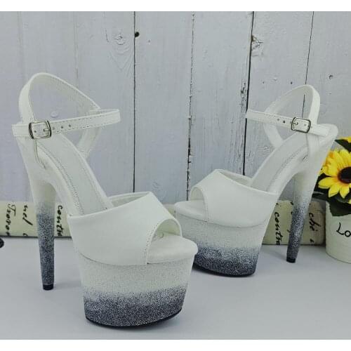 Leecabe White with Black Glitter style high heel sandals 17cm/inches sexy model shoes pole dance shoes