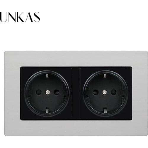 UNKAS Black High Quality 146*86MM EU Standard Dual Socket Luxury Wall Power Outlet Stainless Steel Panel White Electrical Plug