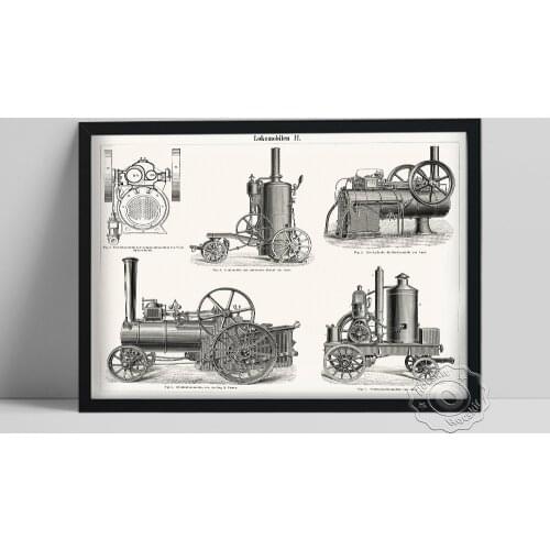 Vintage Locomotive Detailed Design Wall Picture Poster, Engine Train Compartments Blueprint Art Prints, Study Room Home Decor