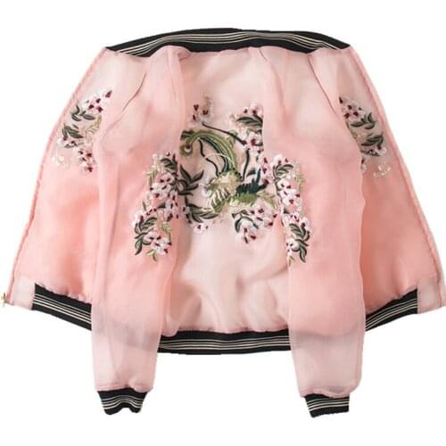Organza Vintage Flower Embroidered Baseball jacket Women Casual Bomber jacket Ropa mujer Summer Plus size Thin Sunscreen coat