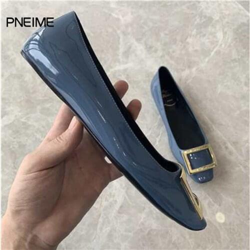 New Womens Square Toe Flat Shoes Fashion Metal Square Buckle Shallow Mouth Flat Shoes Red Retro Patent Leather Ballet Shoes