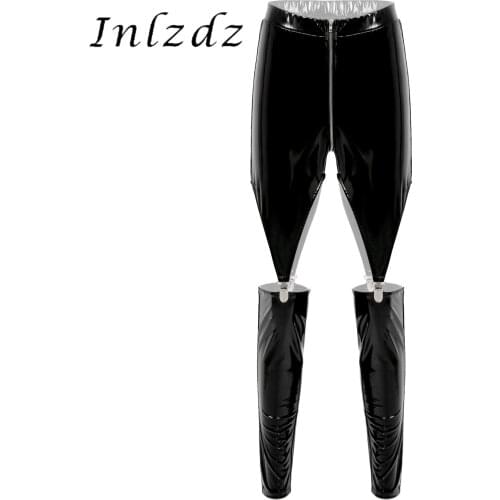 Womens Fashion Hollow Out Patent Leather Pants Ladies Skinny Zipper Crotch Cutout Elastic Waistband Trousers Stage Show Costume