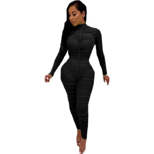 Women skinny ruched jumpsuits full sleeve and full length catsuits autumn club party sexy jumpsuits 2