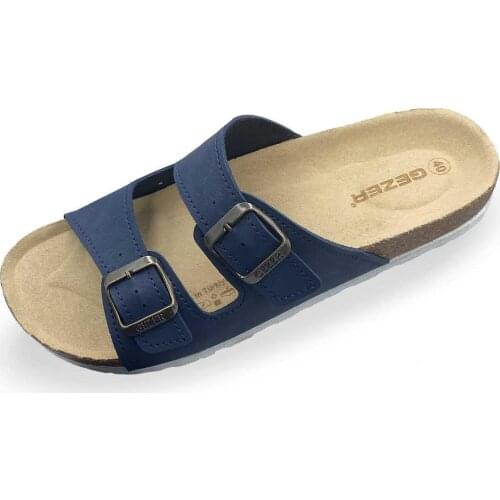 Womens Navy Blue Cork Sole Buckled Slippers