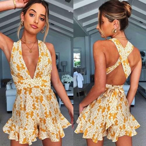 Summer Boho Floral Print Chiffon Playsuit Women Summer Sexy Halter Sleeveless Rompers Backless Jumpsuit Beach Overalls