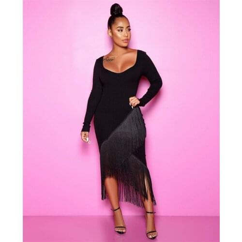 Top Quality Black Long Sleeve Round Neck Tassel Rayon Women Bandage Dress Night Party Dress