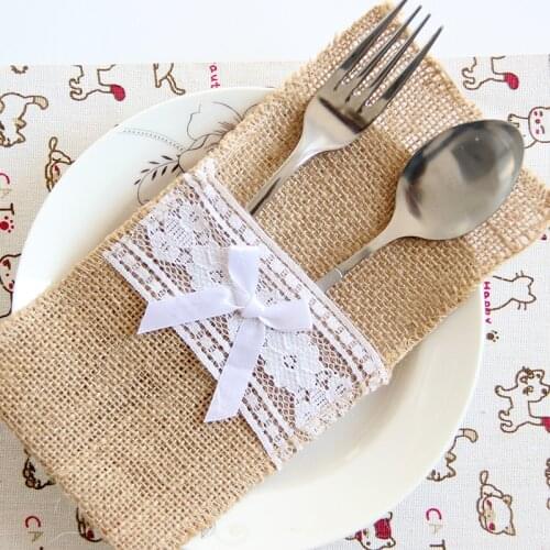 10PCS Burlap Lace Cutlery Pouch Rustic Wedding Tableware Knife Fork Holder Bag Hessian Jute Table Decoration Accessories