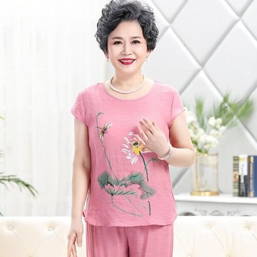 2021 Lotus Printing Bathrobe Mother Summer Lounge Home Wear Calf-Length Pants Cotton Pure Pajama Style Suit Wide Leg Pink 4XL
