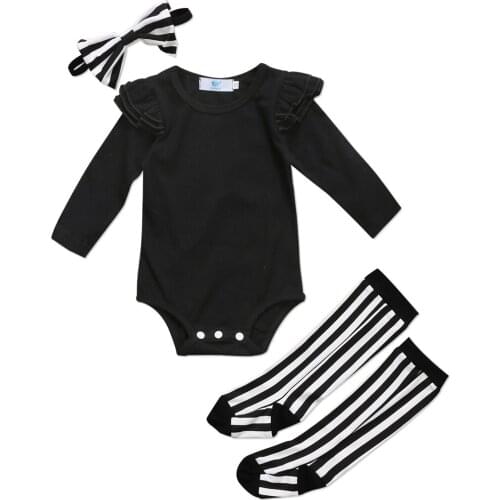 Infant Newborn Baby Girls Black Flying Sleeve romper Bodysuit + Leggings Socks Headband Outfits Set 2019 Clothes