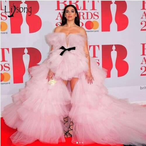 Fashion Pink Tiered Ruffles High Low Prom Dresses Off The Shoulder Lush Long Prom Gowns Blow Vestido Formatura