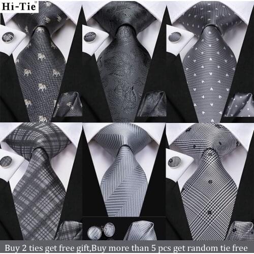 Hi-Tie Fashion Designer Grey Solid Paisley Silk Wedding Tie Gift Tie For Men Shirt Handkerchief Cufflinks Set Business Neck Tie