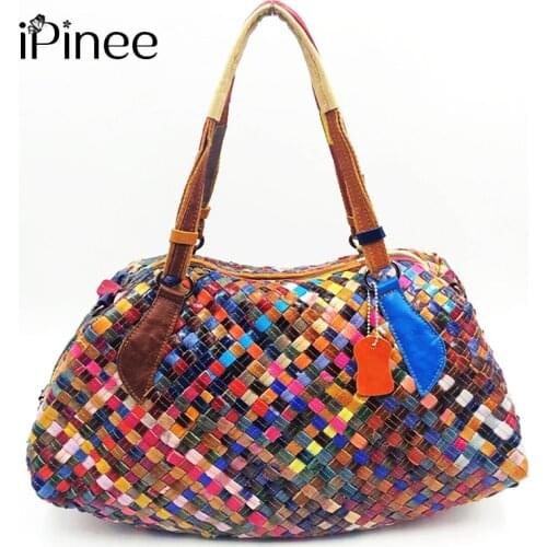 IPinee Fashion Luxury Genuine Leather Women Handmade Woven Hobo Handbags Female Daily Shoulder Messenger Bag Casual Tote