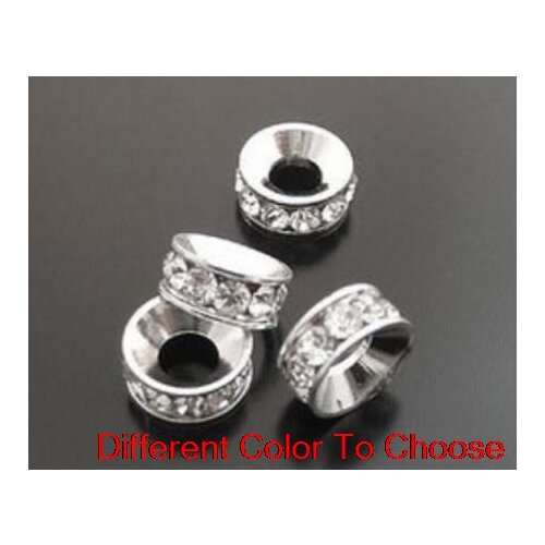 Jk5yng 10mm white black mixed multi Rhinestone Crystal Rondelle Spacer Beads Lot silver Plated Big Hole European Beads