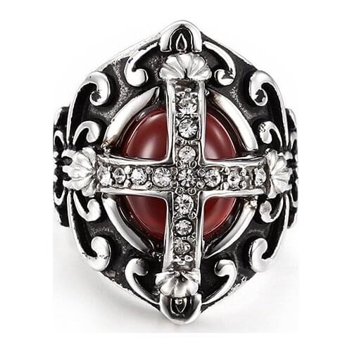 Fashion Retro Gothic Cross Red Stone Titanium Steel Ring punk Ring