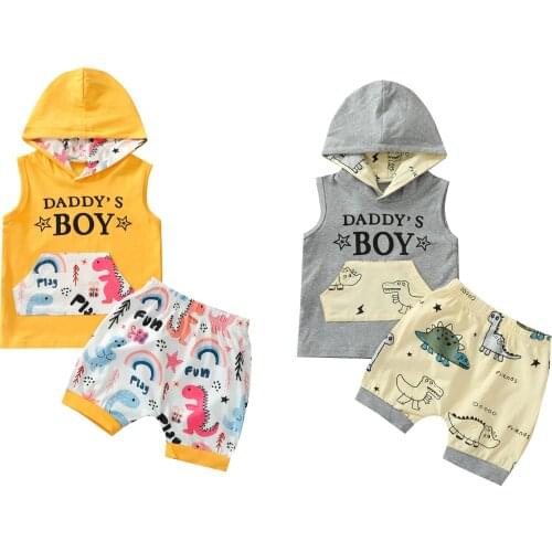 0-4Y Fashion Children Kid Boys Summer Clothing Sets Cute Sleeveless Letter dinosaur Printed Hooded Tops+Shorts 2pcs Outfits