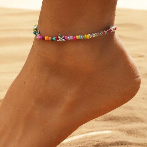 Creative Colored Beaded Beach Anklet Personality Bohemian Style Rice Bead Ankle Bracelet Retro Pendant Foot Chain Jewelry