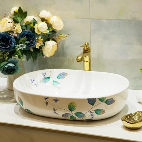 Succinct Hand-Painted Green Leaves Pure And Fresh Nordic Wash Bathroom Sink
