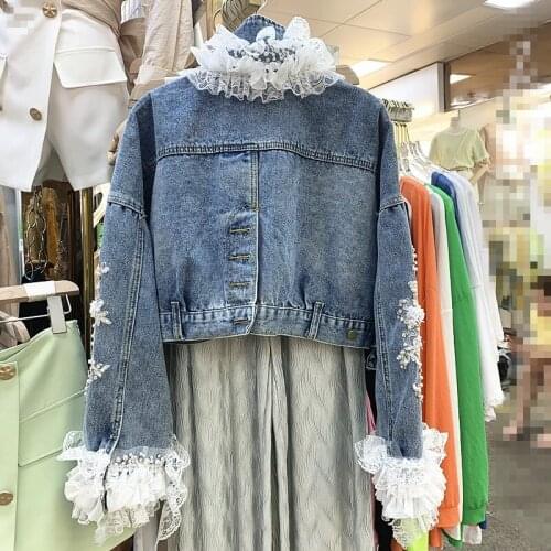 Fashion Women Lace Ruffles Short Denim Jacket High Street Beading Pearls Stage Show Outwear Jeans Coat Single Breasted Jackets