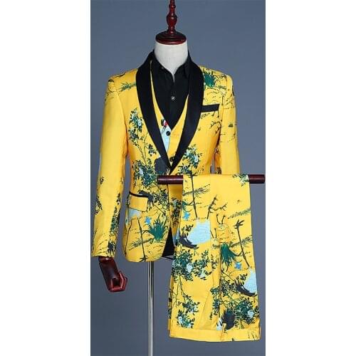 Mens Suit and Waistcoat Three-piece Coat Vest Pant Yellow Print Dress Single Breasted Chinese Style Yellow Mens Suits