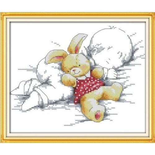 The baby asleep and doll bear paintings Counted Printed needlework kits DMC 11CT 14CT 18CT Cross Stitch Sets embroidery plus