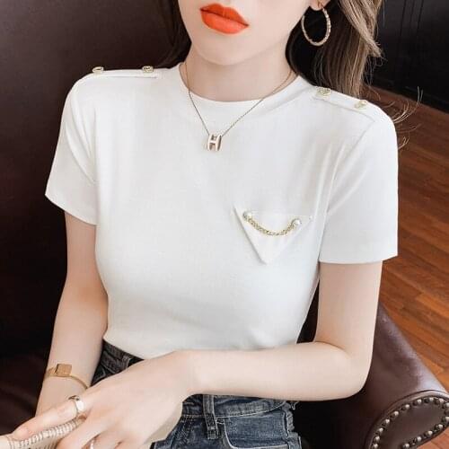 New T-shirts Women 2021 Vogue Vintage Buttons epaulet Tshirts Cotton Women O Neck Short Sleeve Lady Tshirts y2k top