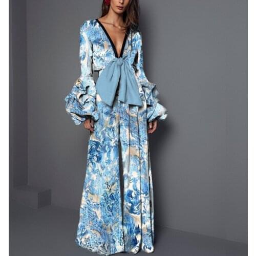 European/American style spring and autumn new womens jumpsuit ruffled long-sleeved V-neck elegant womens wide-leg pants WE283