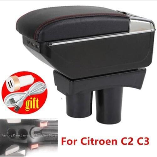 For Citroen C2 C3 armrest box For Citroen C2 Car Armrest Storage Box Cup Holder Modification Accessorissories with USB LED light