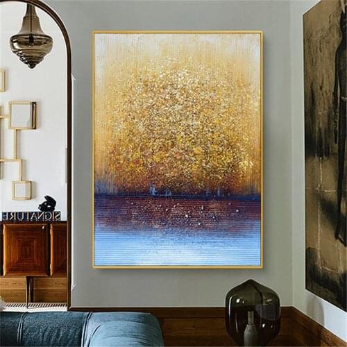 Resplendent hand-painted oil painting abstract gold foil canvas painting grit grain texture pattern modern home entrance mural