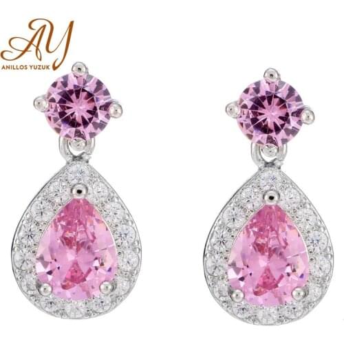 Anillos Yuzuk Luxury Water Drop Pink Crystal Zircon Stone Drop Earrings Fashion 925 Silver Earrings Vintage Double Drop Earrings