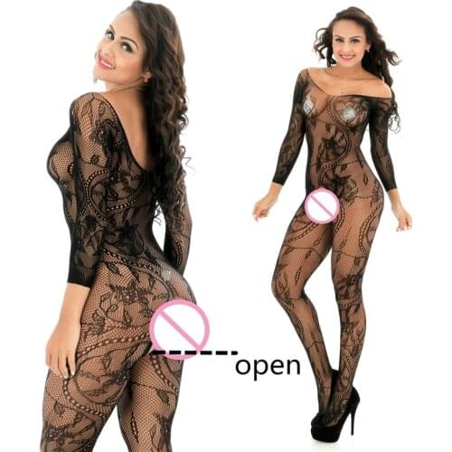Porn sexy lingerie Body Suit black long sleeves Embroidery tattoo Siamese open crotch net teddy sexy costumes bodystockings hot