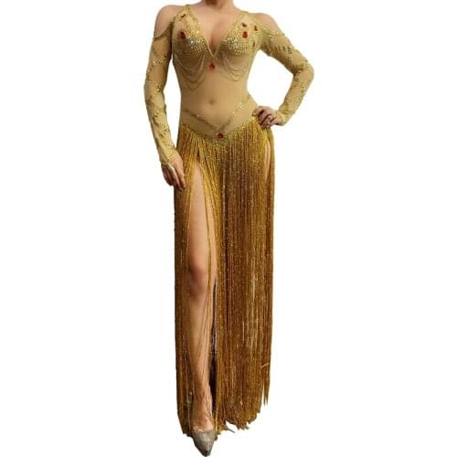 Sexy Mesh Gold Tassel Dress Party Rhinestones Fringes Birthday Celebrate Outfit Dance Costume Bar Teams Show Performance Wear