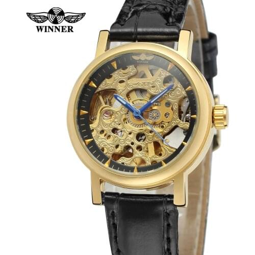 Winner 2019 Top Brand Luxury Business Skeleton Men Automatic Mechanical Watch Luminous Hands Golden Stainless Steel Case Leather