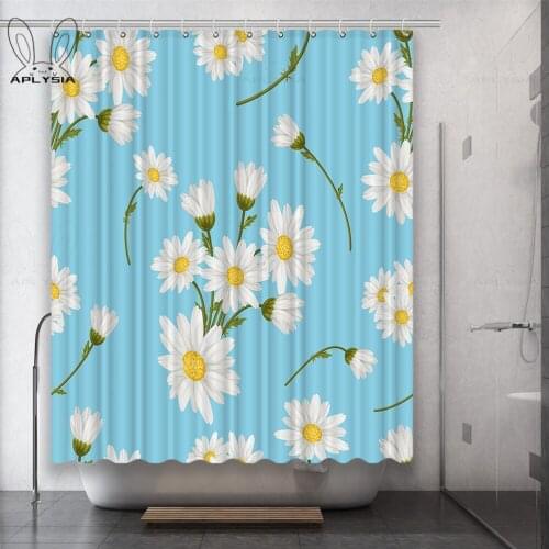 Chrysanthemu Daisy Cartoon Red White Chrysanthemum Polyester Fabric Shower Curtain for Bathroom with Plastic Hooks