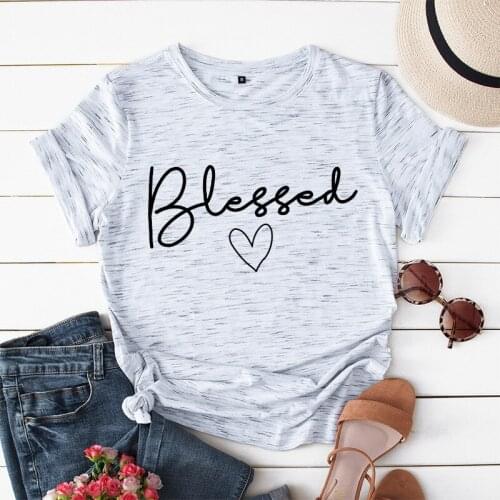 Funny Graphic Heart T Shirt Women Blessed Letter Print Cotton Basic Tee Casual T-shirt Harajuku Loose Short Sleeves Tops Tshirt