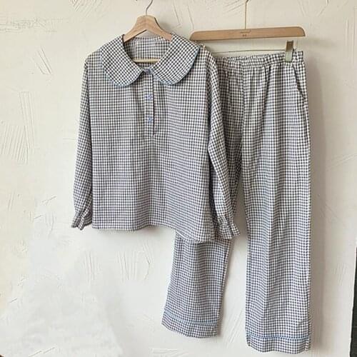 Pijama Feminino Korean Cute Doll Collar Long-Sleeve Cardigan Pajamas Autumn Winter Nightwear New Casual Ladies Plaid Home Suit