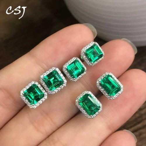 CSJ Solid 14K Lab Created Colombia Emerald "CCE" Earring Halo Moissanite Fine Jewelry For Women Lady Gift